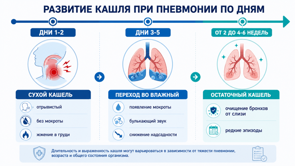 Временная шкала развития кашля при пневмонии, демонстрирующая переход от сухого кашля в первые дни к влажному и затем к длительному остаточному кашлю на этапе выздоровления