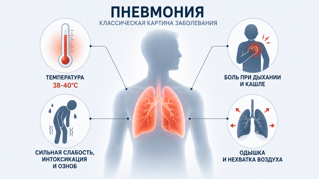 Схема ключевых симптомов пневмонии: высокая температура, боль в груди, одышка и сильная слабость